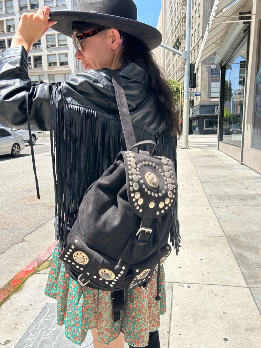Studded Black Canvas Backpack with Metallic Accents. Suede handmade.